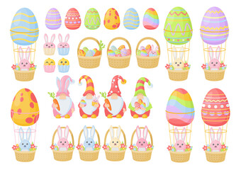 Set of Easter illustration, including Easter dwarfs, Easter eggs, Easter baskets with rabbits and eggs, etc. Vector colorful Easter objects isolated on white. 