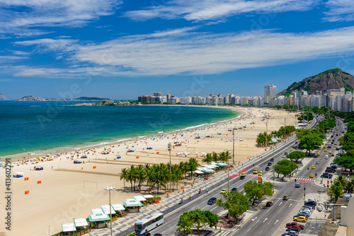 Copacabana beach and Avenida Atlantica in Rio de Janeiro, Brazil. Copacabana beach is the most famous beach of Rio de Janeiro. Skyline of Rio de Janeiro. © Ekaterina Belova