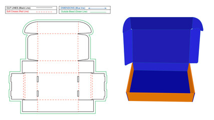 corrugated mailer box or shipping roll end box dieline template and 3d render file
