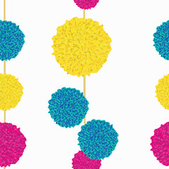 Wall Mural - Vector seamless pattern, hanging pompoms, turquise, pink and yellow.