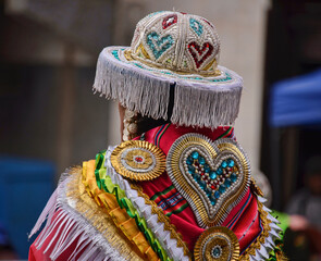 Back of a costumed dancer at the colorful Gran Poder Festival, La Paz, Bolivia