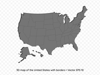 3D map of the United States with borders isolated on transparent background, vector eps illustration