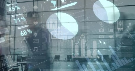 Wall Mural - Digital composition of financial data processing against business people walking in background