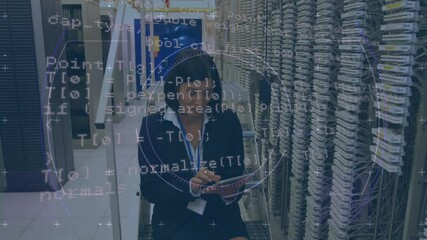 Poster - Animation of scope scanning and data processing over woman using tablet next to computer servers