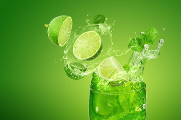 Wall Mural - Lemon juice splashing isolated on a green background with mint leaves.