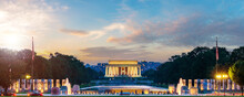 Lincoln Memorial On Sunset. Seen From National Mall, Washington DC, USA. Long Exposure Photography.
