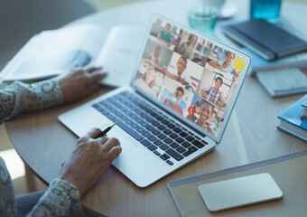 Poster - School children learning displayed on laptop screen during video call with female teacher