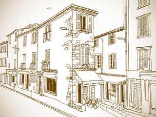 Poster - Vintage postcard style. Old street in romantic Antibes, Provence, France. Urban background in hand drawn sketch style. Ink line drawing. Sepia Vector illustration on white