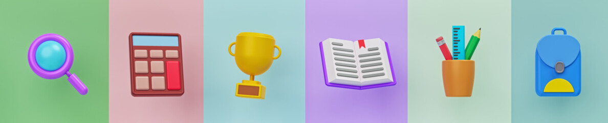 Poster - Simple set of school objects icons. minimal Trendy banner. 3d rendering