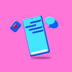 Poster - cute gradient chat bubbles on a smartphone isolated on pastel pink background. concept of social media messages, SMS, comments. minimal style. 3d rendering