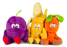 Soft Toys Fruits And Vegetables. Toy Plum, Banana And Carrot With Smiling Faces.


