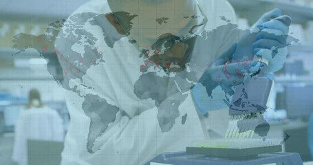 Poster - Animation of world map with hands of scientist testing with equipment in lab