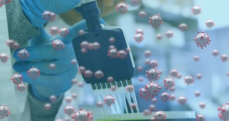 Poster - Animation of covid cells with hands of scientist testing with equipment in lab