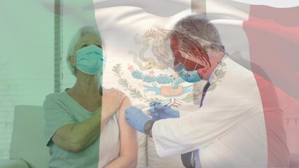 Sticker - Animation of mexican flag over doctor vaccinating patient in face mask