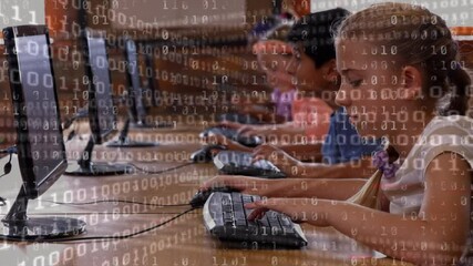 Digital composition of binary coding data processing against group of students using computers