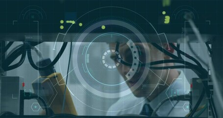 Aufkleber - Animation of scope scanning and data processing over man checking computer server