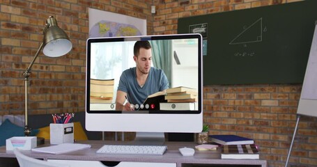 Poster - Caucasian male student learning displayed on computer screen during video call