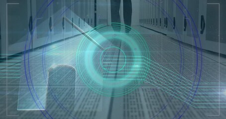 Aufkleber - Animation of scope scanning over man walking in tech room with computer servers in background