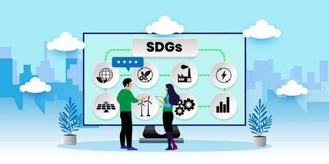SDGs. Sustainable development goals. Industry Ecology Concept. With icons. Cartoon Vector People Illustration