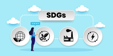 SDGs. Sustainable development goals. Industry Ecology Concept. With icons. Cartoon Vector People Illustration