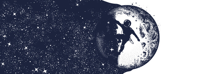 Wall Mural - astronaut, moon and night sky. black and white surreal graphics. spaceman and new planets. symbol of
