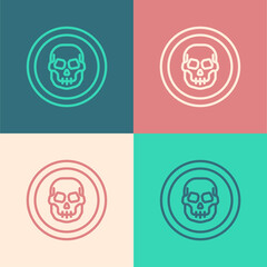 Poster - Pop art line Mexican skull coin icon isolated on color background. Vector.