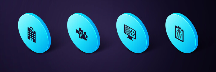 Sticker - Set Isometric Clinical record pet, on monitor, Veterinary clinic and medicine hospital icon. Vector.