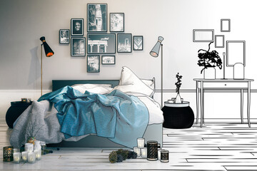 Wall Mural - Modern Bedroom Arrangement (drawing) - 3D Visualization