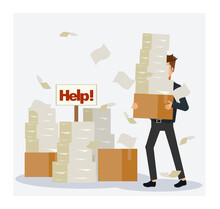 Busy businessman with stack of documents,Pile of paper, in cardboard box, help sign. Paperwork.  Stressed employee.Flat Vector cartoon character