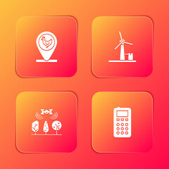 set chicken farm and location, wind turbine, smart with drone and remote control icon. vector.
