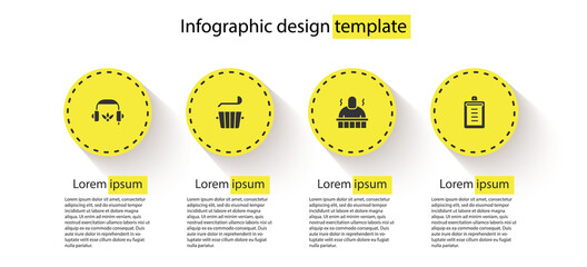 Wall Mural - Set Headphones for meditation, Sauna bucket and ladle, spa procedures and Clipboard with checklist. Business infographic template. Vector.