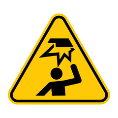 Caution overhead obstacle sign. Vector illustration of yellow triangle warning sign with human figure hits his head in obstacle. Risk of injury or death. Dangerous zone. Safety signs symbol.