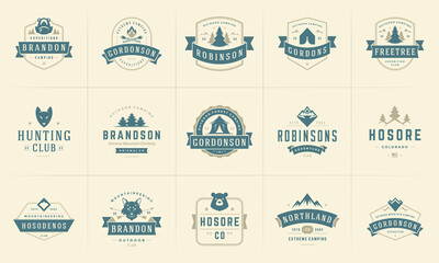 Wall Mural - Camping logos and badges templates vector design elements and silhouettes set