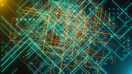 Poster - Spase with thin technology grids and little geometric particles, computer generated. 3d render digital backdrop