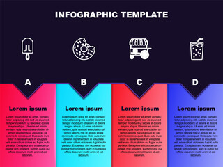 Sticker - Set line Ice cream, Donut, Fast street food cart and Glass with water. Business infographic template. Vector.