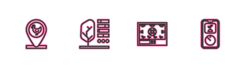set line chicken farm and location, smart farming technology, plant status and icon. vector.