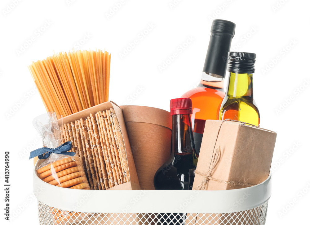 Gift basket with products on white background
