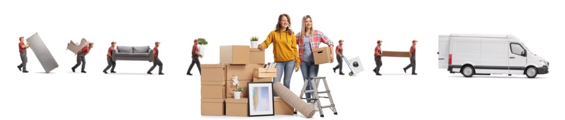 Wall Mural - Young women posing with a pile of cardbox boxes and mover carrying items in to a van