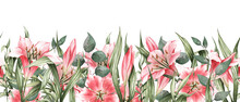 Spring Background With Pink Lilies And Green Foliage. Delicate Hand-drawn Watercolor Illustration. Great For Brochures, Wallpapers, Prints, Brochures, Cards, Decor, Designs, And More.