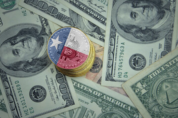 Wall Mural - golden shining bitcoins with flag of texas state on a dollar money background.