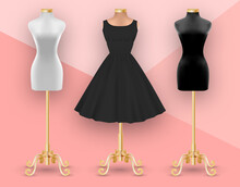 Set Of Mannequins. Black Womens Dress Mockup On Beige Mannequin. Clothes Realistic 3d Mock Up.