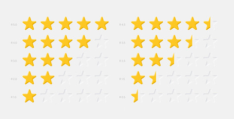 Poster - Neumorphic UI UX Design Elements 3D Vector Yellow Stars Rating System On White Background. Abstract Neumorphism Material Design Star Icons Set Achievement Rank Scale. Customer Product Rating Review