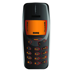 An old mobile phone. Black cell phone with black buttons, red border and orange display.