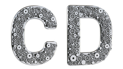 Poster - Gear alphabet made from realistic metal isolated on white background. Mechanical concept. Set of letters C & D. 3D rendering.