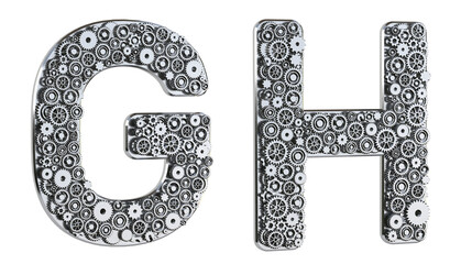 Poster - Gear alphabet made from realistic metal isolated on white background. Mechanical concept. Set of letters G & H. 3D rendering.