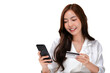 © AtidChalermsong - Asian woman use smartphone for internet banking, Business casual outfit, isolated with white background