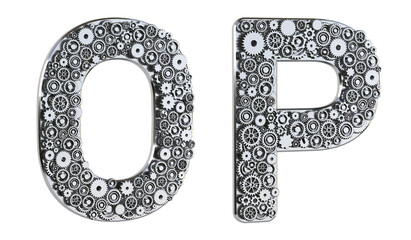 Poster - Gear alphabet made from realistic metal isolated on white background. Mechanical concept. Set of letters O & P. 3D rendering.