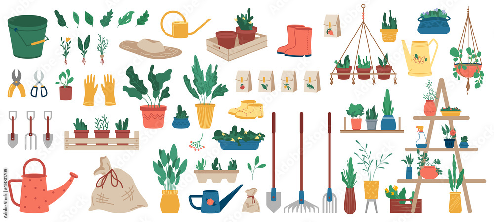 Gardener equipment, set of planting, gardening and farming objects and plants in flowerpots isolated icons. Vector garden tools, rakes and shovels, potted flowers and watering can, bucket and cutters - obrazy, fototapety, plakaty 