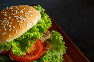 Homemade hamburger with delicious fresh vegetables.