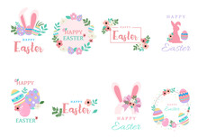Collection Of Easter Object Set With Rabbit,egg,flower,wreath.Editable Vector Illustration For Website, Invitation,postcard And Sticker